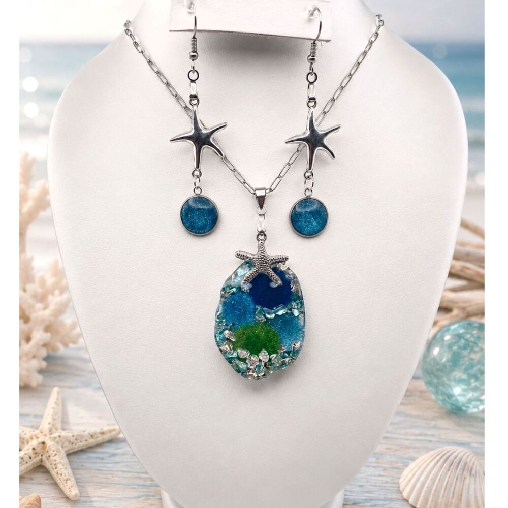 Handmade Ocean Starfish Resin Pendant Necklace & Matching Earrings Set
